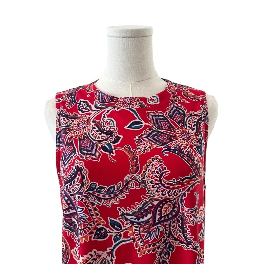 Womens Large Red Blue Colorful Sleeveless Stretchy Work Causal Tunic Blouse Top - Picture 3 of 6